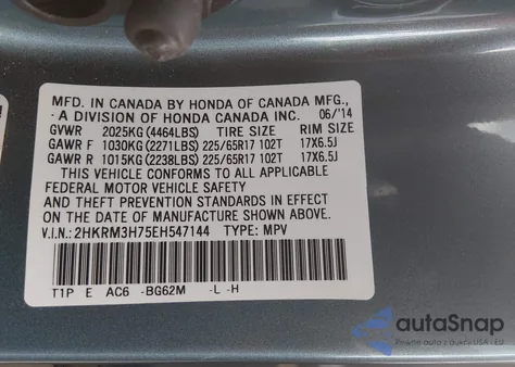2014 Honda Cr-V Ex-L z USA, uszkodzony, nr VIN 2HKRM3H75EH547144